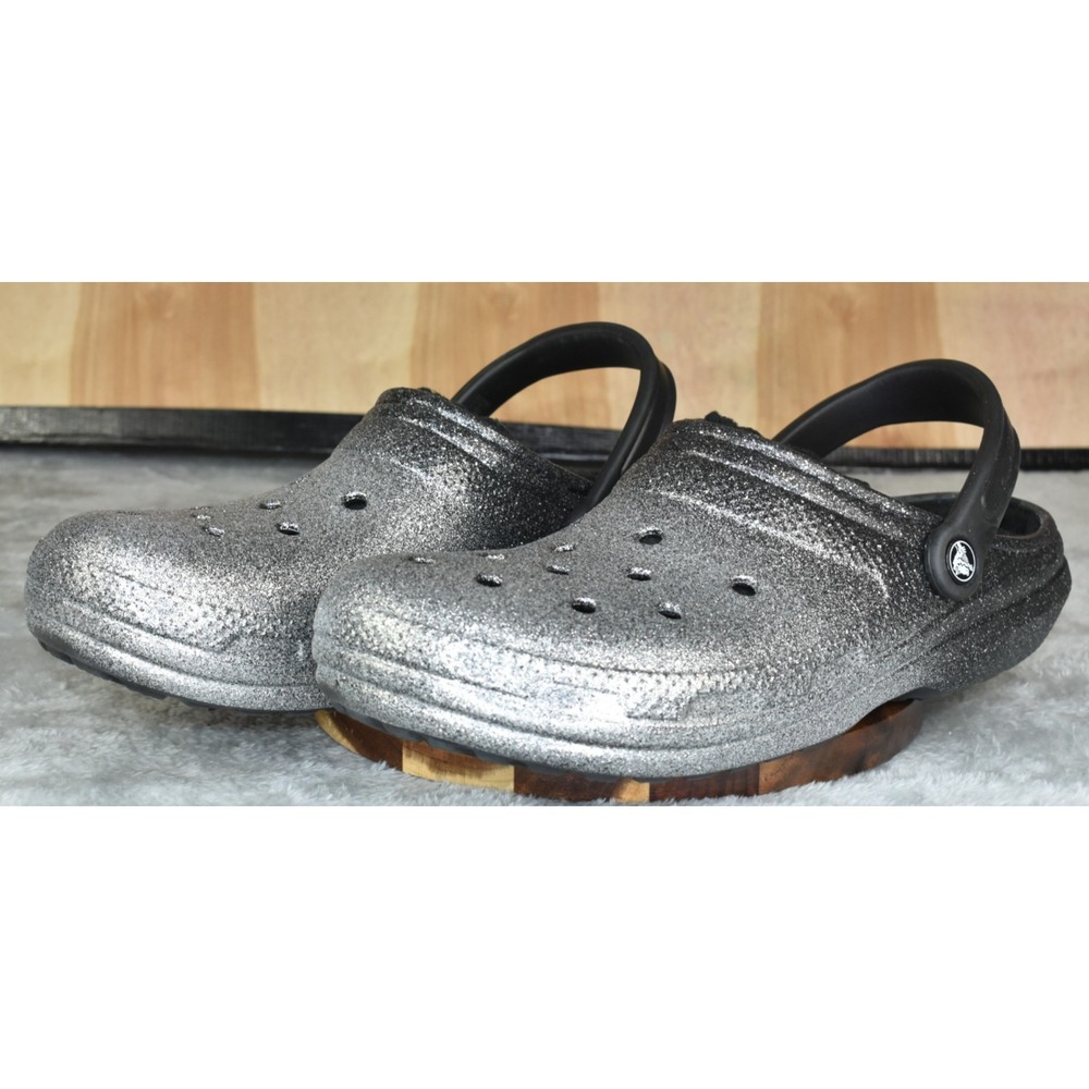 Crocs Classic Glitter Lined Clogs Men Sandals Size 11 Black Rubber Slip On Shoes